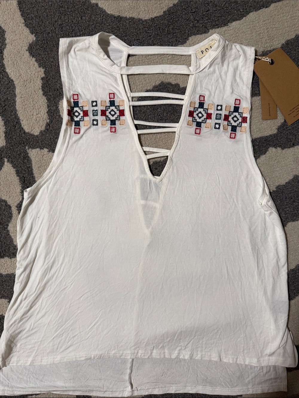 POL White Embroidered Strappy V-Neck Tank